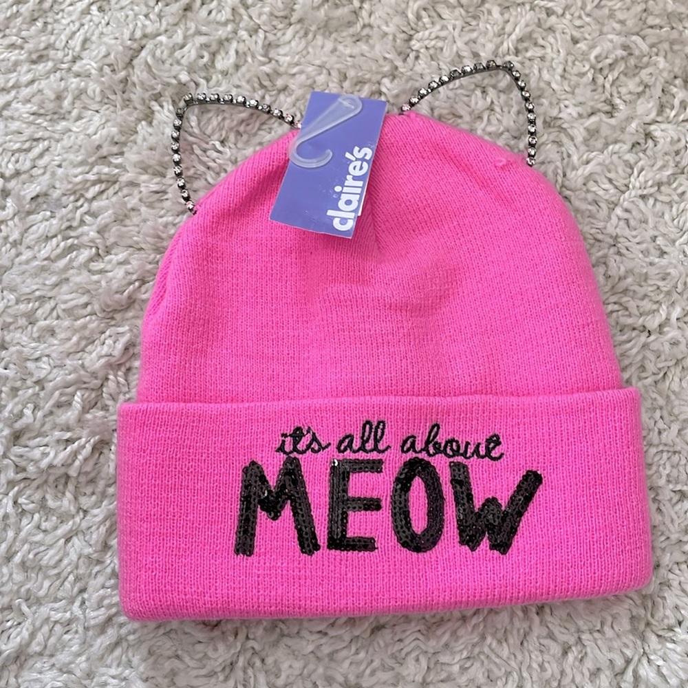 NWT Hot Pink Claire’s Graphic and Bedazzled Cat Ear Beanie